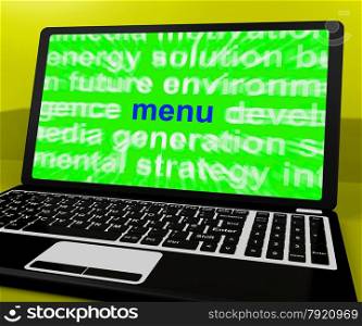 Ideas Word On Computer Screen Showing Creativity. Menu Laptop Showing Internet Ordering Food From Restaurant