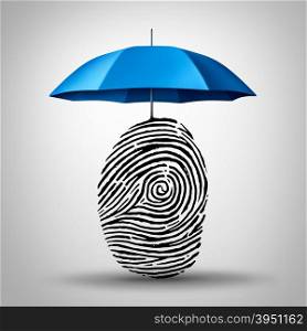 Identification protection and ID fraud safety as an umbrella protecting a fingerprint or finger print icon as an identity security symbol and consumer information guard.