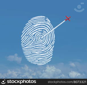 Identity security concept as an acrobatic jet airplane making a smoke trail shaped as a fingerprint or thumbprint symbol as a cloud data storage metaphor for password encryption access protection with 3D illustration elements.