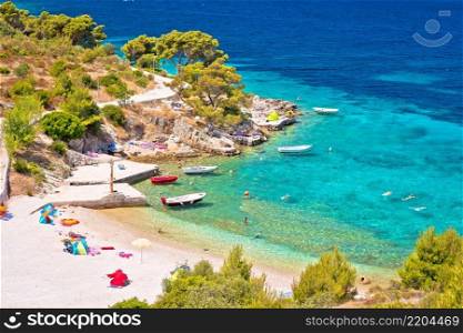 Idyllic Adriatic beach Bilo near Primosten view, archipelago of Dalmatia in Croatia