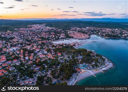 Idyllic Adriatic island town of Krk aerial evening view, Kvarner bay of Croatia