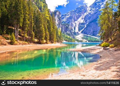 Idyllic Alpine landscape by Braies lake and creek, Trentino Alto Adige region of northern Italy