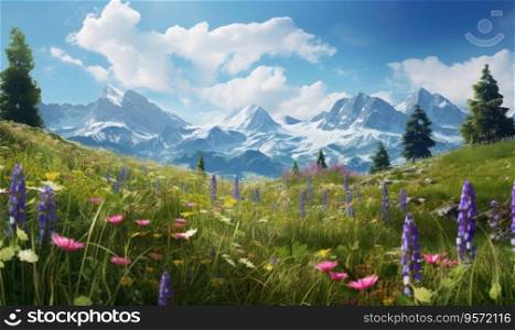 Idyllic alpine meadow filled with colorful wildflowers, with towering mountains as a backdrop. A serene setting perfect for nature, travel, and wellness themes. Created with generative AI tools. Idyllic alpine meadow filled with colorful wildflowers, with towering mountains as a backdrop. Created by AI tools