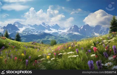 Idyllic alpine meadow filled with colorful wildflowers, with towering mountains as a backdrop. A serene setting perfect for nature, travel, and wellness themes. Created with generative AI tools. Idyllic alpine meadow filled with colorful wildflowers, with towering mountains as a backdrop. Created by AI tools