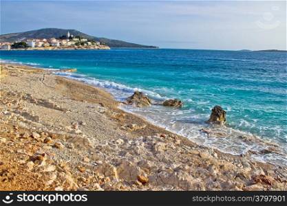 Idyllic beach and Town of Primosten in Dalmatia, Croatia