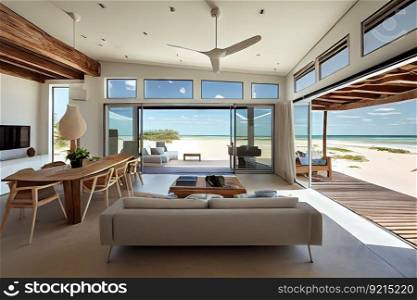 idyllic beachfront villa, with open floor plan and natural light, ideal for enjoying the views, created with generative ai. idyllic beachfront villa, with open floor plan and natural light, ideal for enjoying the views