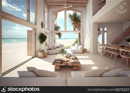 idyllic beachfront villa, with open floor plan and natural light, ideal for enjoying the views, created with generative ai. idyllic beachfront villa, with open floor plan and natural light, ideal for enjoying the views
