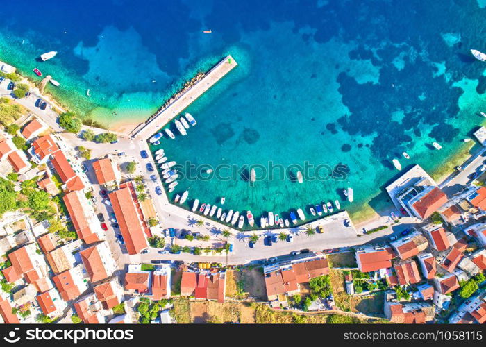 Idyllic coastal village of Racisce on Korcula island aerial view, southern Dalmatia region of Croatia