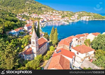 Idyllic coastal village of Racisce on Korcula island aerial view, southern Dalmatia region of Croatia