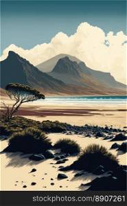 Idyllic coastline landscape with mountains and waves on the shore. Beautiful maritime drawing. Generatie AI
