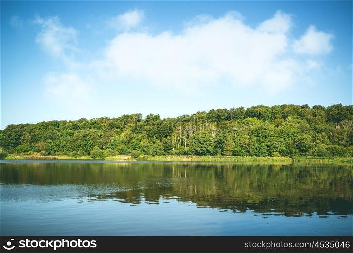 Idyllic lake landscape with trees in green colors