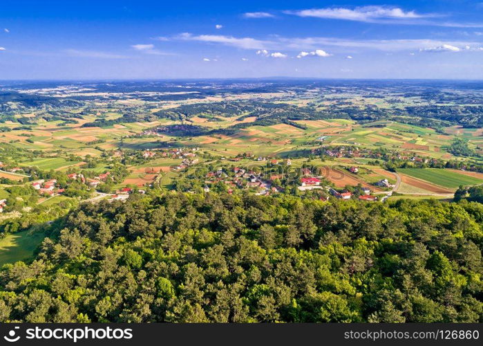 Idyllic landscape of rural Croatia in Prigorje region, aerial view