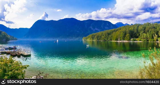 Idyllic nature scenery - beautiful magic lake Bohinj in Slovenia, Triglav National Park