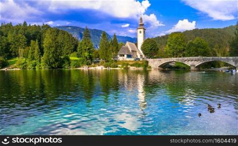 Idyllic nature scenery - Wonderful lake Bohinj in Slovenia, Triglav National Park