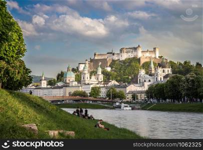 Idyllic panoramic city landscape of Salzburg in Summer