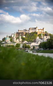 Idyllic panoramic city landscape of Salzburg in Summer