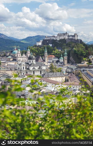 Idyllic panoramic city landscape of Salzburg in Summer