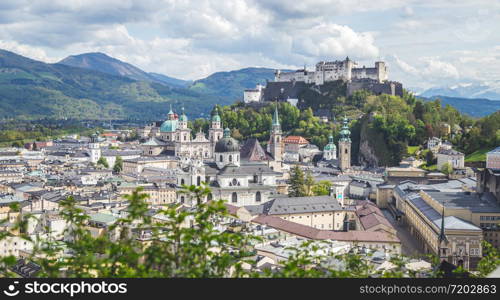 Idyllic panoramic city landscape of Salzburg in Summer