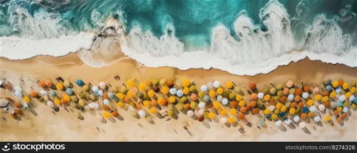 Idyllic panoramic view of a tropical beach captured from above, with many umbrellas and people enjoying the warm sun and the sea, perfect for any travel. AI Generative