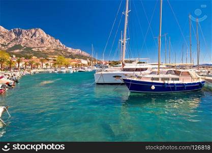 Idyllic sailing coast of Baska Voda view, town in Makarska riviera of Dalmatia, Croatia