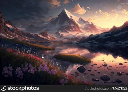 Idyllic spring landscape with clear mountain lake. Generative AI
