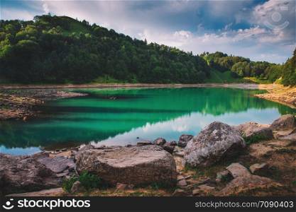 Idyllic summer landscape with clear mountain lake. Green Lake, Mtsvanetba, Adjara, Georgia