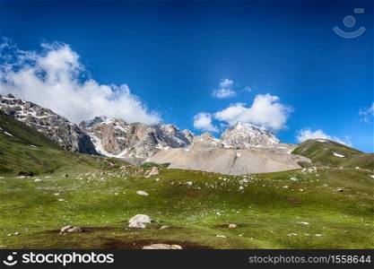 Idyllic summer landscape with hiking trail in the mountains with beautiful fresh green mountain pastures, blue sky and clouds. Tian-Shan, Kyrgyzstan.. Idyllic summer landscape with hiking trail in the mountains with beautiful fresh green mountain pastures.
