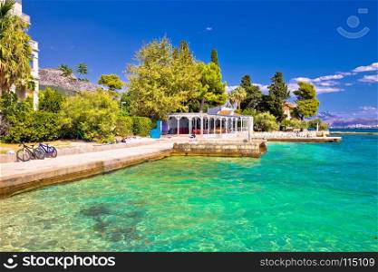 Idyllic turquoise beach in Kastela bay view, Dalmatia region of Croatia