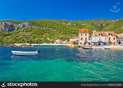 Idyllic turquoise waterfront of Komiza, Island of Vis, Croatia