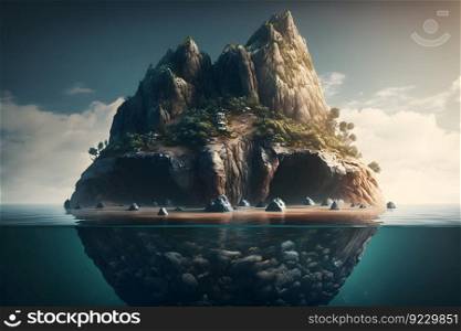 Idyllic underwater view of lone small island above and below the water surface. Neural network AI generated art. Idyllic underwater view of lone small island above and below the water surface. Neural network AI generated