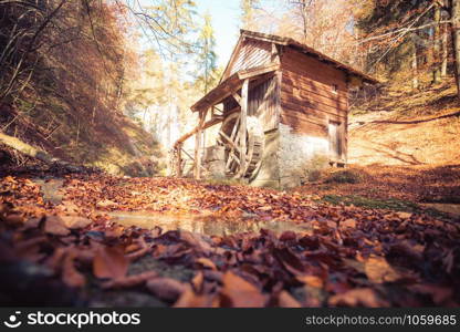 Idyllic watermill in Austria, autumn time, forest in autumn