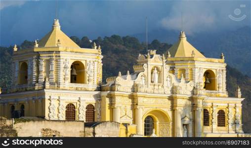 Iglesia de La Merced the baroque yellow church in Antigua, Guatemala, Central America