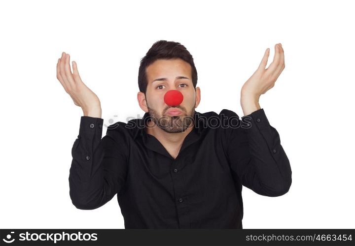 Ignorant businessman with clown nose isolated on white background