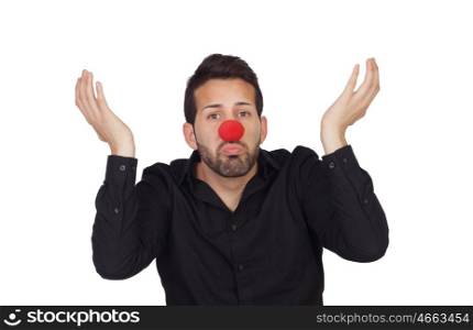 Ignorant businessman with clown nose isolated on white background