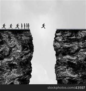 Ignore limitations concept as a business metaphor for incredible confidence and determination to succeed in a 3D illustration style as a group of people stopped at a cliff with one brave individual crosing the gap.