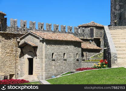 Iin the courtyard of fortresses Guaita on Mount Titan. The Republic of San Marino