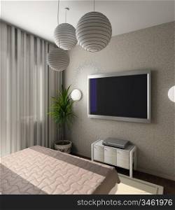 Iinterior of modern bedroom with TV. 3D render