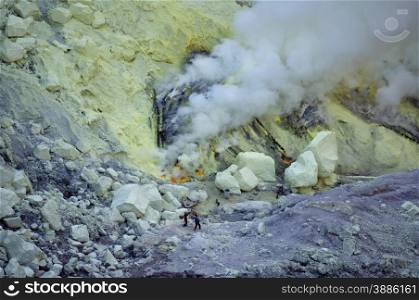 Ijen volcano in East Java in Indonesia. It&rsquo;s famous for sulfur mining and acid lake.
