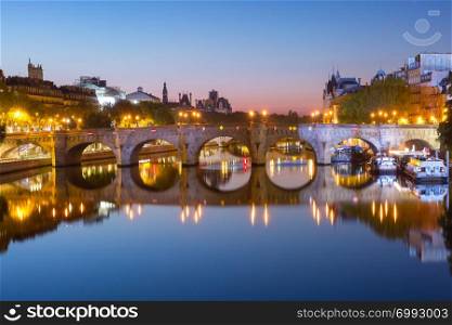 Ile de la Cite and Pont Neuf in Paris during morning blue hour, France. Night Ile de la Cite in Paris, France