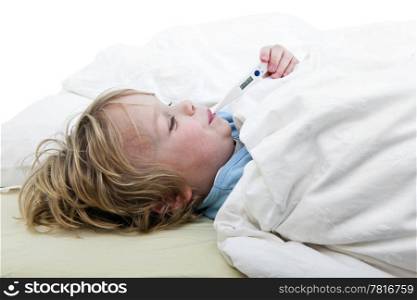 Ill young child, lying in bed with a thermomether, measuring the height of his fever