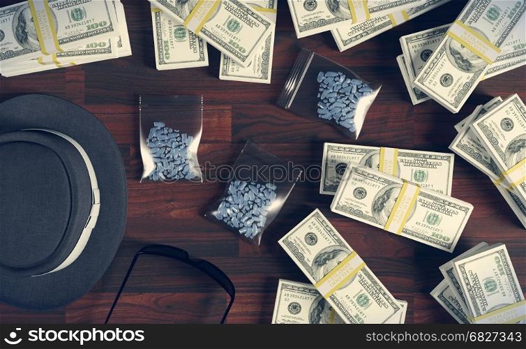 Illegal business drugs and dollars, Mafia drug dealer, 3D rendering