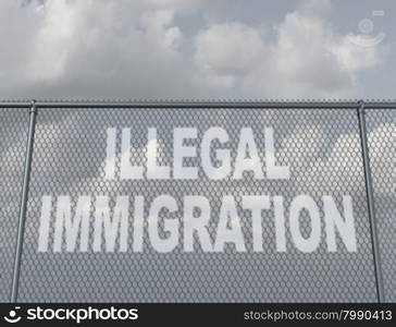 Illegal immigration concept as a chain fence with a hole shaped as text that represents people illegaly crossing a national border violating the migration law of the country as undocumented immigrants.