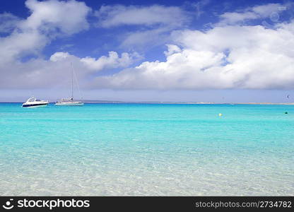 Illetes illetas formentera beach boats anchor in horizon Balearic islands