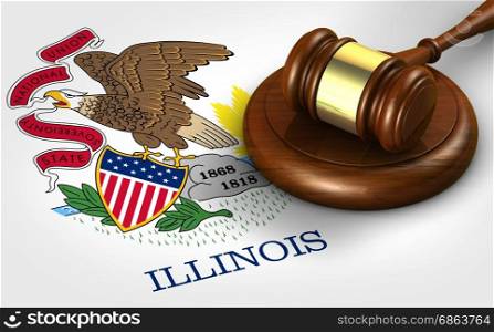 Illinois US state law, legal system and justice concept with a 3D rendering of a gavel on Illinoisan flag.
