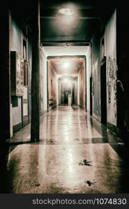 illuminated and empty hallway of the former barracks