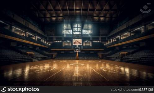 Illuminated basketball stadium. Illustration Generative AI 