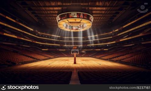 Illuminated basketball stadium. Illustration Generative AI
