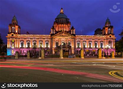 Illuminated Belfast City Hall at night, Belfast, Northern Ireland, United Kingdom. Illuminated Belfast City Hall, Belfast, Northern Ireland
