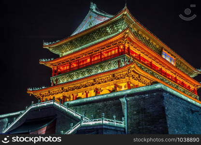 Illuminated Bell Tower temple of Xi&rsquo;an, night scene, Xian, Shaanxi province, China
