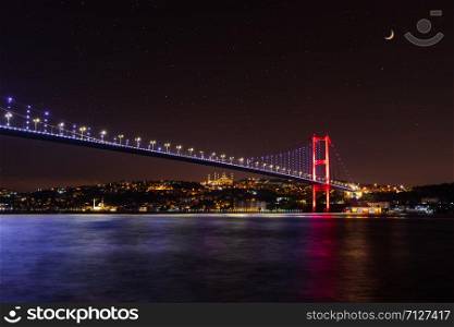 Illuminated Bosphorus bridge at night, Istanbul, Turkey.. Illuminated Bosphorus bridge at night, Istanbul, Turkey